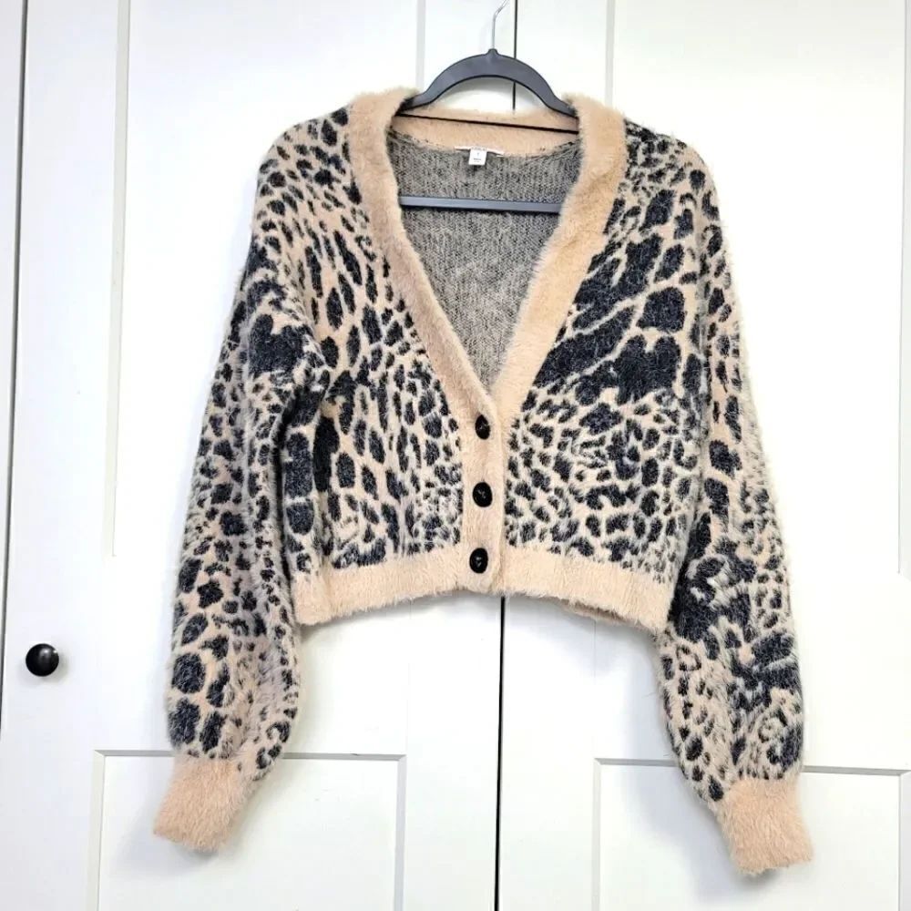 Bar III pink leopard spot fuzzy button down sweater, large